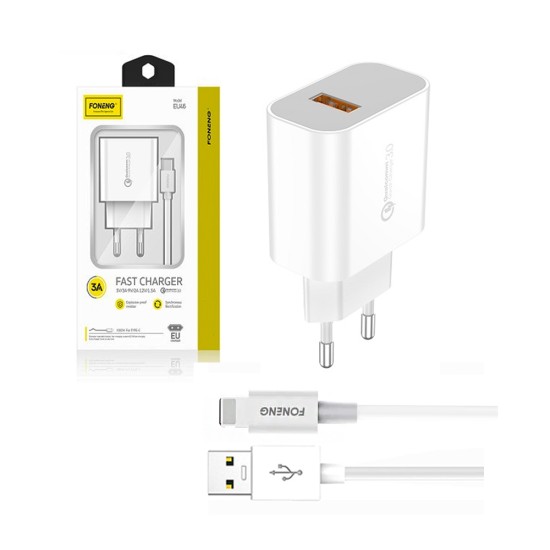 Carregador de Parede USB Rápido Foneng EU46 com Cabo iPhone 3A Branco